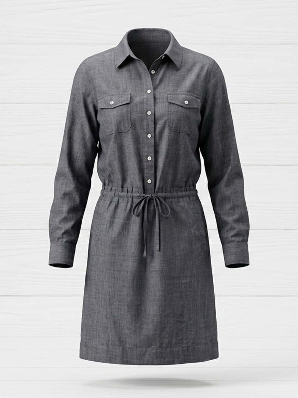 Boden Gray Cotton Utility Shirt Dress Long Sleeve Drawstring Tall Size 4L Casual